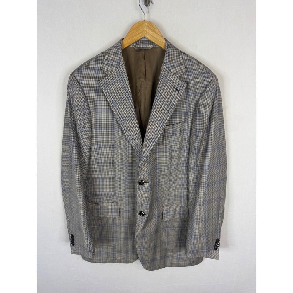 Canali Mens Virgin Wool Blazer Sport Coat Tan Brown Glen Check Men 42R Italy